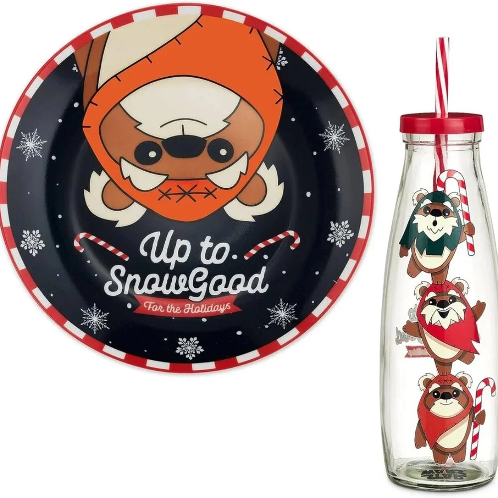 NEW Star Wars EWOK Holiday Blue Ceramic Milk and Cookies Set